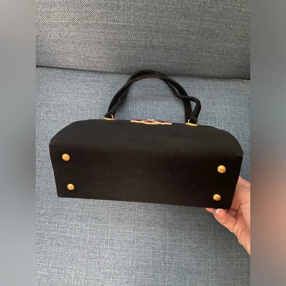 Vintage 2 Pieces Black Suede Leather Top Handle Handbag Gold Hardware Bee Accent - Picture 6 of 16